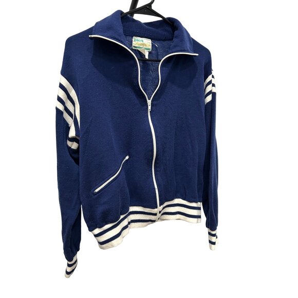 Vintage 80s Net Worth Blue Zip Up Jacket Striped Accents - Picture 3 of 8
